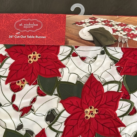 Holiday dark red poinsettia cut out table runner. - Picture 2 of 5